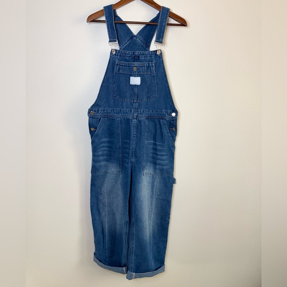 Blue Denim Overalls Relaxed Straight Leg Utility Bib Medium Wash